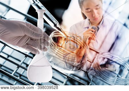 Double Exposure Of Scientist Thinking For Writing Report With Equipment And Science Experiments,labo