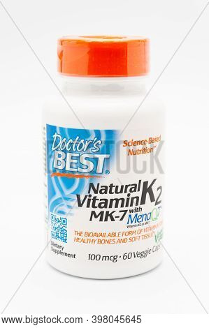 Fuji City, Shizuoka-Ken, Japan - November 7, 2020: Doctors Best, Natural Vitamin K2 MK-7 with MenaQ7, 100 mcg, 60 Veggie Caps. Isolated on white background. Close-up. Vertical shot.