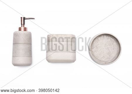 Liquid Soap Dispenser, Teethbrush Holder And Soap Plate Isolated On The White Background Top View.