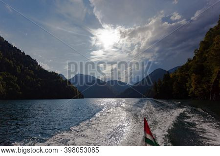 View From The Stern Of The Boat On Lake Rizza In Abkhazia