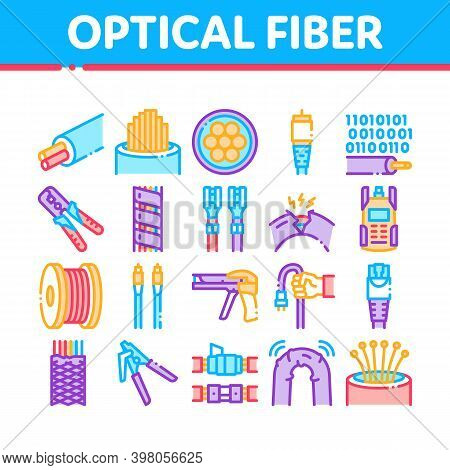 Optical Fiber Cable Collection Icons Set Vector. Fiber Repair Instrument And Electrical Device For T
