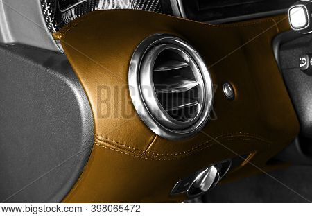 Ac Ventilation Deck In Luxury Modern Car Interior. Modern Car Brown Leather Interior With Stitching.