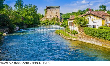 Stunning View Of Borghetto Historical Center And Visconti Bridge, Valeggio Sul Mincio, Italy