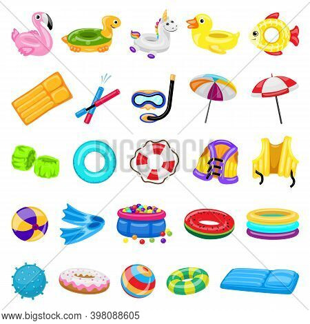 Pool Equipment Icons Set. Cartoon Set Of Pool Equipment Vector Icons For Web Design