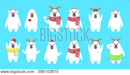Flat Style Of Cute Pollar Bears In Various Poses And Expressions