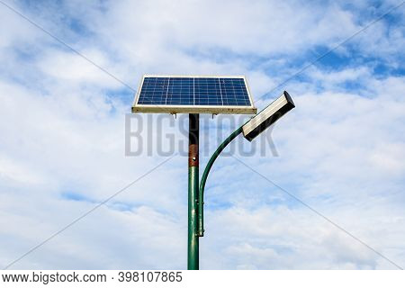 Lighting Pole Activated With An Attached Blue Solar Panel In Parcul Izvor (izvor Park) In Bucharest,