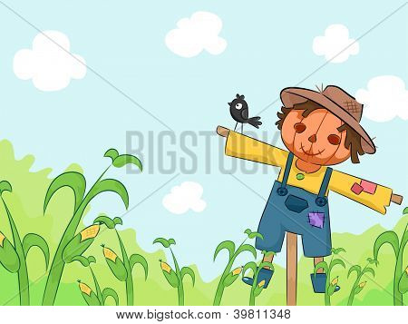 Illustrazione di un sorridente Spaventapasseri in una fattoria di mais