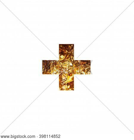 Plus Summation Sign Or Cross Of Gold Shiny Crumpled Foil And Cut Paper Isolated On White. Festive Go