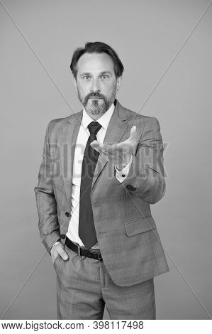 Come For Job. Senior Employee Grey Background. Professional Employee In Formalwear. Company Employer