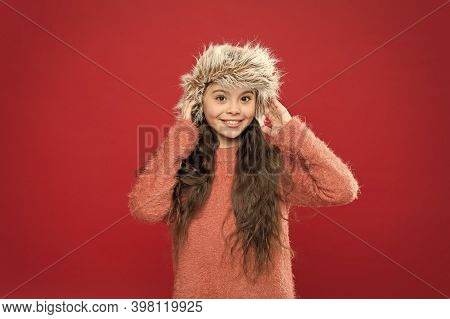 Keep Head In Warmth. Feeling Warm. Child Long Hair Soft Hat. Winter Fashion Concept. Warm Hat For Co