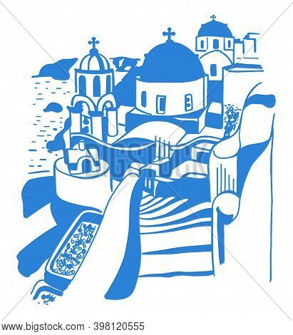 Santorini Island, Greece. Beautiful Traditional White Architecture And Greek Orthodox Churches With 