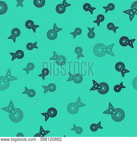 Black Line Antenna Icon Isolated Seamless Pattern On Green Background. Radio Antenna Wireless. Techn