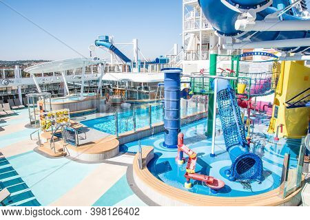 San Pedro, California - October 11 2019: Empty Sun Deck Onboard Norwegian (ncl) Joy Cruise Ship With