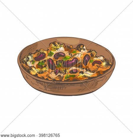 Chili Con Carne In Bowl - Mexican Traditional Food. Vector Vintage Hatching Color Illustration. Isol