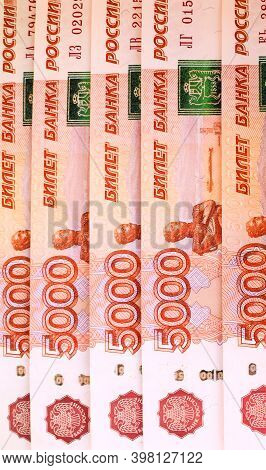 Money Background In Red. Russian Currency. Banknote 5000 Rubles. Financial Crisis, Ruble Devaluation