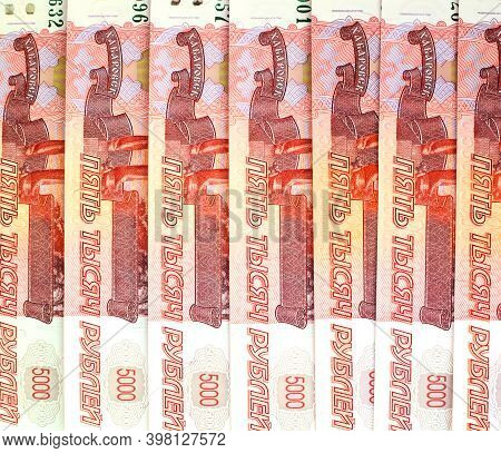 Money Background In Red. Russian Currency. Banknote 5000 Rubles. Financial Crisis, Ruble Devaluation