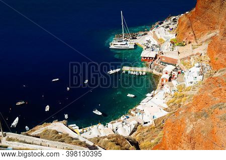 Amoudi Bay, Top View Of Port Of Oia, Santorini Greece, , Toned