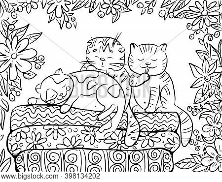 Coloring Book With A Cat Sleeping On A Pile Of Mattresses In The Garden Surrounded By Flowers, Black