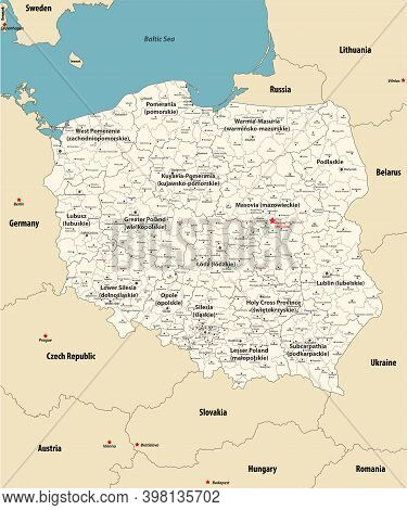Vector Map Of Poland Administrative Divisions Colored By Provinces With Neighbouring Countries. Poli