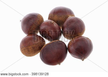 Fresh Chestnuts With Peeled Roasted Chestnut Isolated On White Background. Hippocastanum Isolated. I
