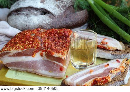 Lard With Vodka, Black Bread And Onions