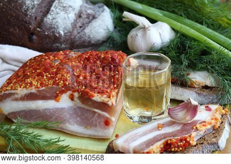 Lard With Vodka, Black Bread And Onions