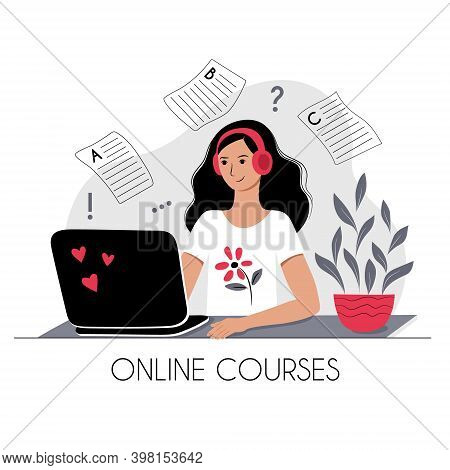 Online Course E Learning Concept Illustration For Ui Ux Design. Young Freelancer Woman In Headphones