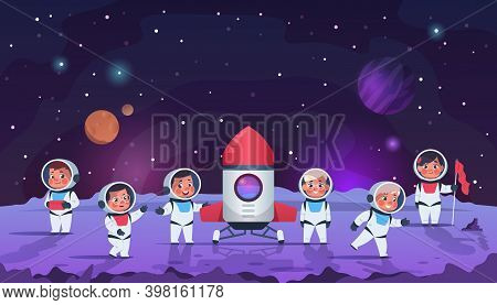 Galaxy Kids. Cartoon Children In Open Cosmos. Little Astronauts Wear Space Suits With Helmets. Adven