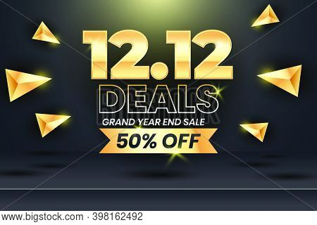 12.12 Shopping Festival Sale Banner With Gold Element On 3D Realistic Studio Mockup . Social Media B