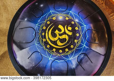 Colors Steel Tongue Drum, Vadjraghanta, Tank Drum Close-up Modern Musical Instrument