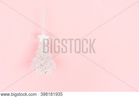 Christmas Festive Background With White Carved Wood Decoration - Christmas Tree On Pink Backdrop, Fl