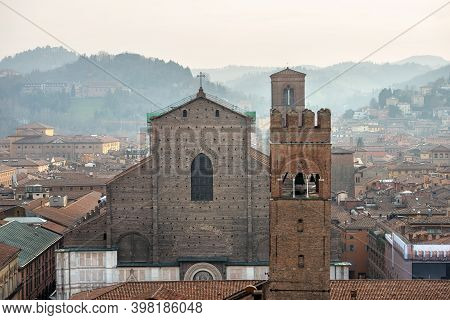 Cityscape Of Bologna Downtown With The Basilica Of San Petronio In Gothic Style, Piazza Maggiore And