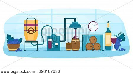 Wine Production Process. Fermentation, Distillation, Pressing, Aging And Bottling Alcohol Drink. Woo
