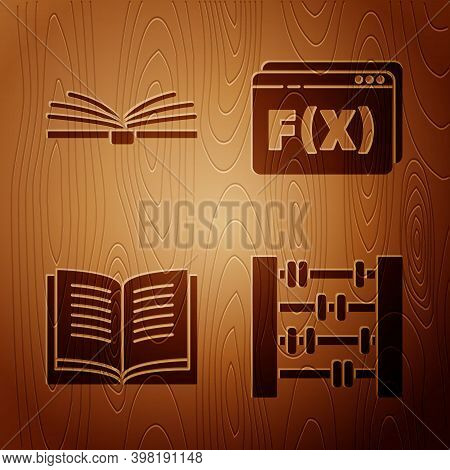 Set Abacus, Open Book, Open Book And Function Mathematical Symbol On Wooden Background. Vector