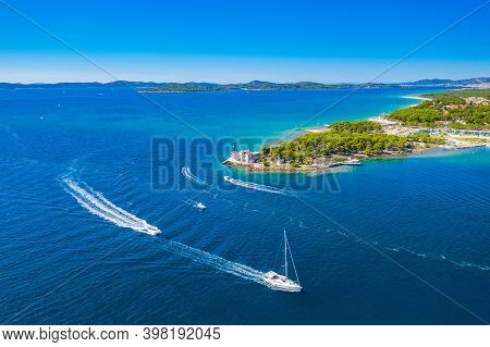 Aerial View Of Lighthouse In Town Of Jadrija In Sibenik Bay In Croatia, Beautiful Seascape