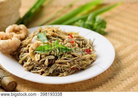 Northern Thai Food (yum Nor Mai), Spicy Bamboo Shoot Salad With Crab Paste Eating With Pork Rind, Gi