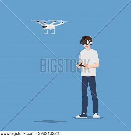 Young Handsome Man Character Wear Vr Glasses Controlling A Drone Multi-copter With Camera By Wireles