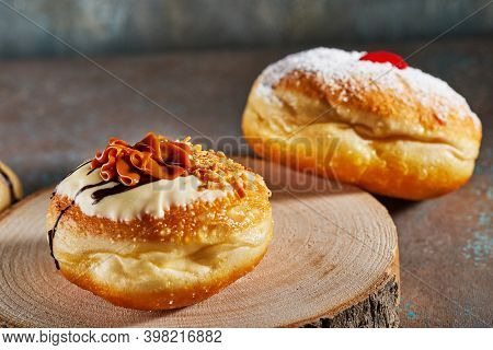 Happy Hanukkah And Hanukkah Sameach Is A Traditional Jewish Donut With Dulce De Leche, Chocolate And