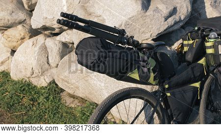 The Mixed Terrain Cycle Touring Bike With Bikepacking. The Trip On Multitrack Bike, Outdoor Road In 