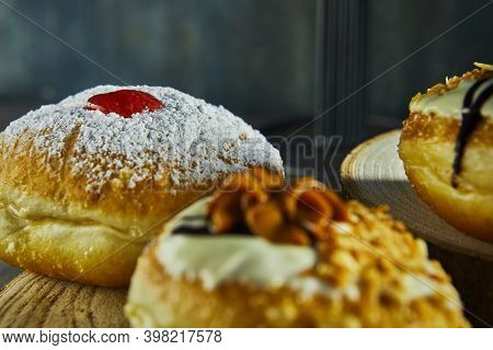 Happy Hanukkah And Hanukkah Sameach Is A Traditional Jewish Donuts With Dulce De Leche, Chocolate An