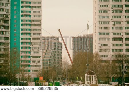 Construction Of High-rise Buildings In Moscow With Cranes