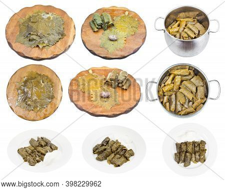 Collection Of Dolma Cooking (armenian Dish Dolma From Grape Leaves And Mince Meat With Rice) Isolate