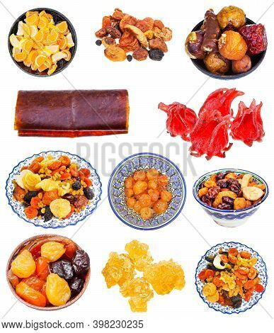 Lot Of Various Sweet Dried Fruits Isolated On White Background