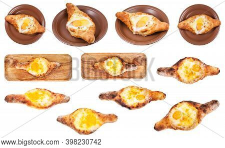 Set Of Various Adjarian Boat-shaped Khachapuri (caucasian Georgian Pie With With Cheese, Butter And 