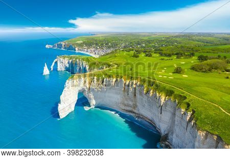 Picturesque Panoramic Landscape On The Cliffs Of Etretat. Natural Amazing Cliffs. Etretat, Normandy,