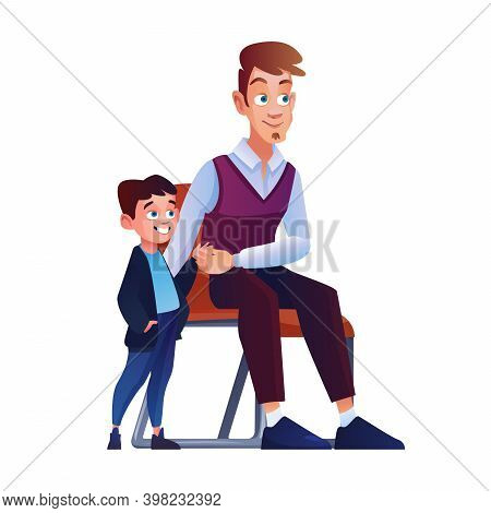 Dad And Son Sitting On High Chair Isolated Father And Boy. Vector Male Parent And Kid Waiting In Que