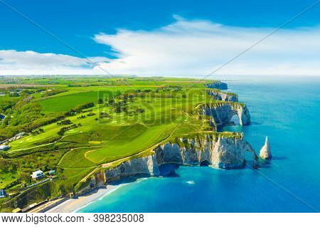 Picturesque Panoramic Landscape On The Cliffs Of Etretat. Natural Amazing Cliffs. Etretat, Normandy,