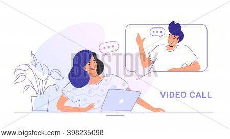 Video Call Conversation Or Chat. Concept Vector Illustration Of Young Woman Sitting At Workdesk And 