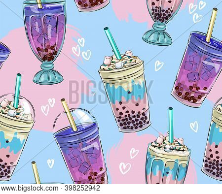 Bubble Tea Seamless Pattern. Popular Asian Cold Drink, Pearl Milk Tea, Trendy Breakfast Vietnam Boba