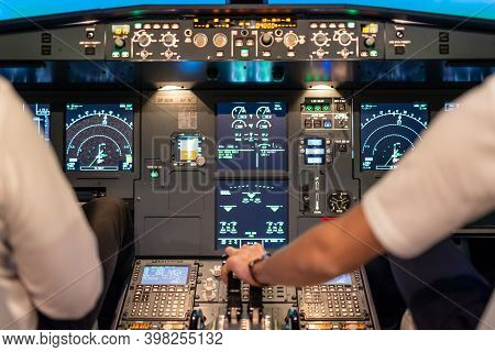 Gdansk, Poland - December 06, 2020: Illuminated Cockpit Of Flight Simulator For The Training Of The